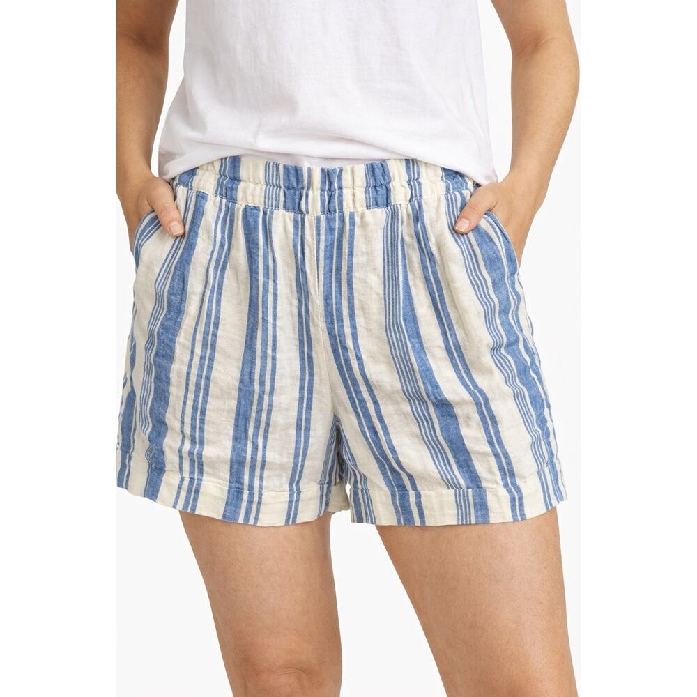 Boden 100% Linen Shorts US 6 Cuffed Pockets Pleated Blue White Stripe Preppy